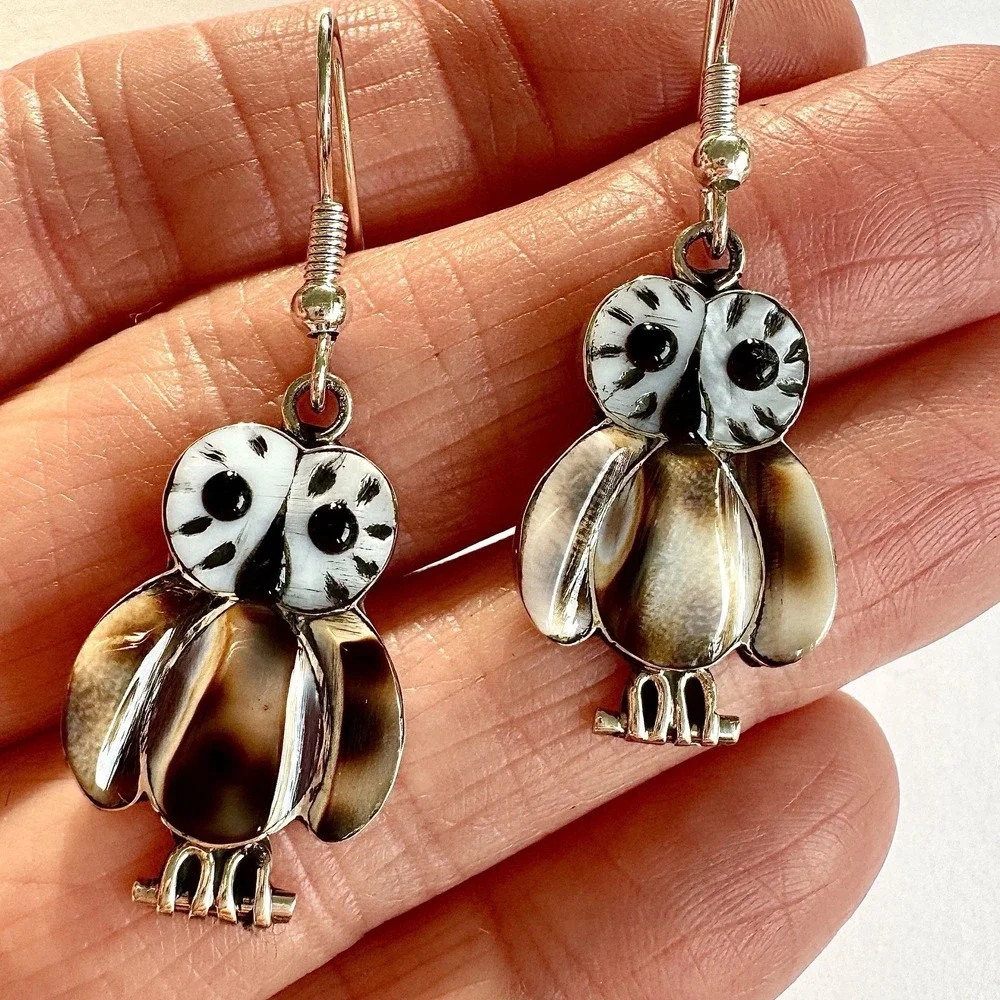 Native American Owl Earrings Zuni Inlay Hook Sterling Dangle Signed Kallestewa